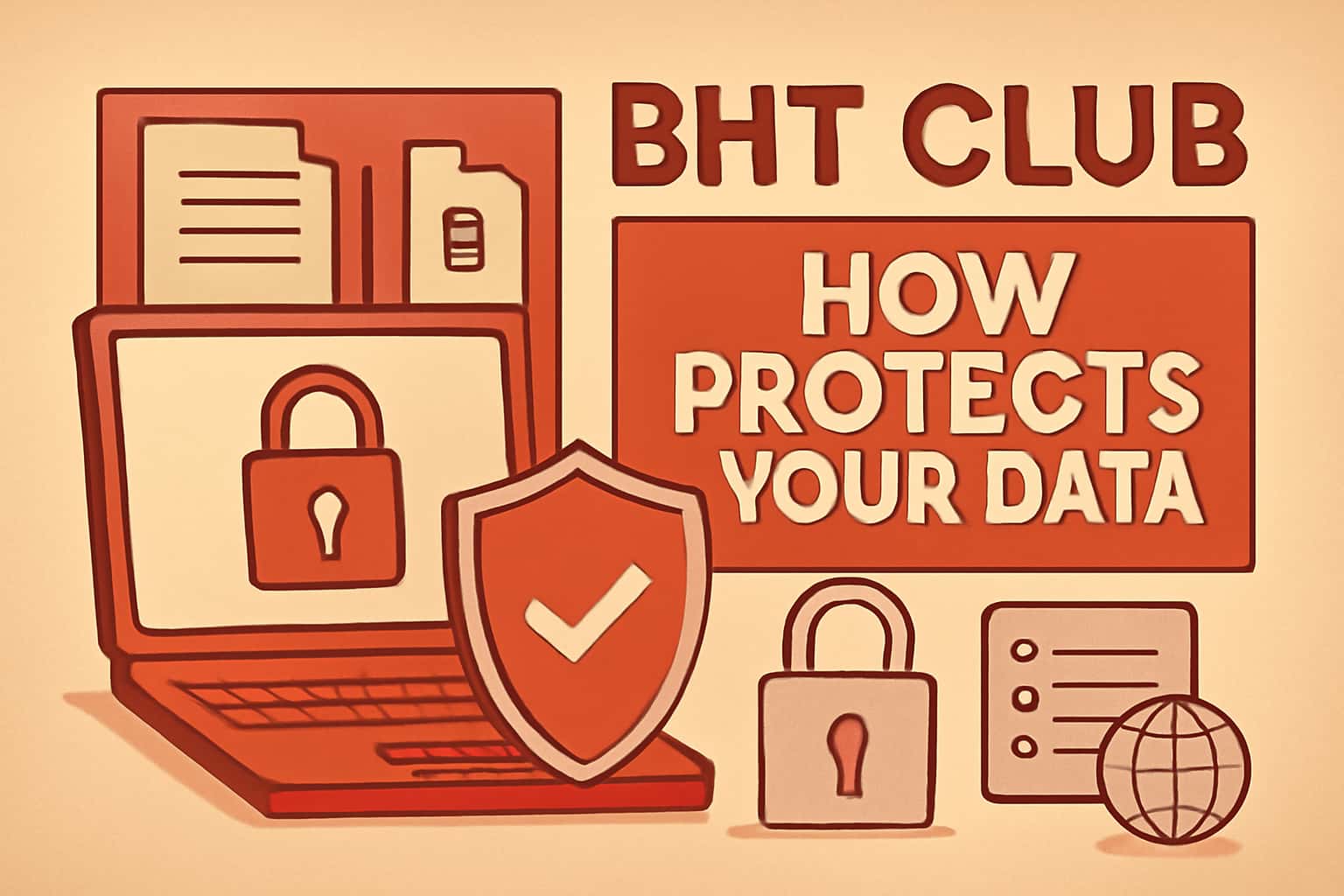 An informational visual representation of data protection measures at BHT Club, featuring elements of security and technology.
